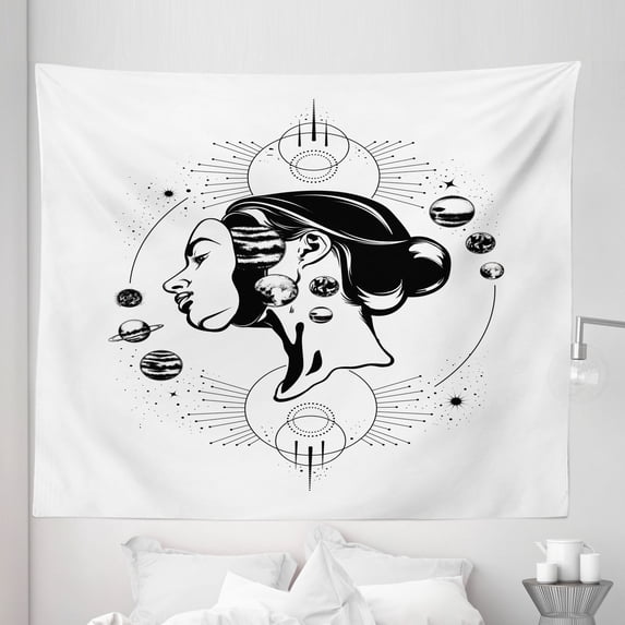 Alien Trippy Tapestry, Bohemian Psychedelic Space Themed Modern Geometric Illustration, Fabric Wall Hanging Decor for Bedroom Living Room Dorm, 5 Sizes, Charcoal Grey and White, by Ambesonne