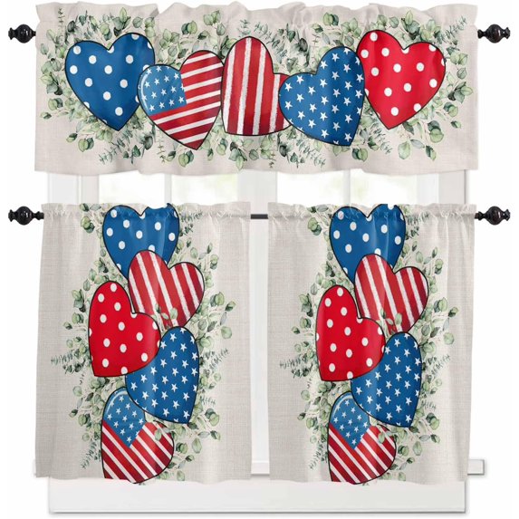 Kitchen Curtains Set, 4th of July Kitchen Curtains and Valances Set, Red Blue Love Heart Eucalyptus Leaves Rustic Rod Pocket Tier Curtains 24 Inch Length for Cafe/Bedroom Windows