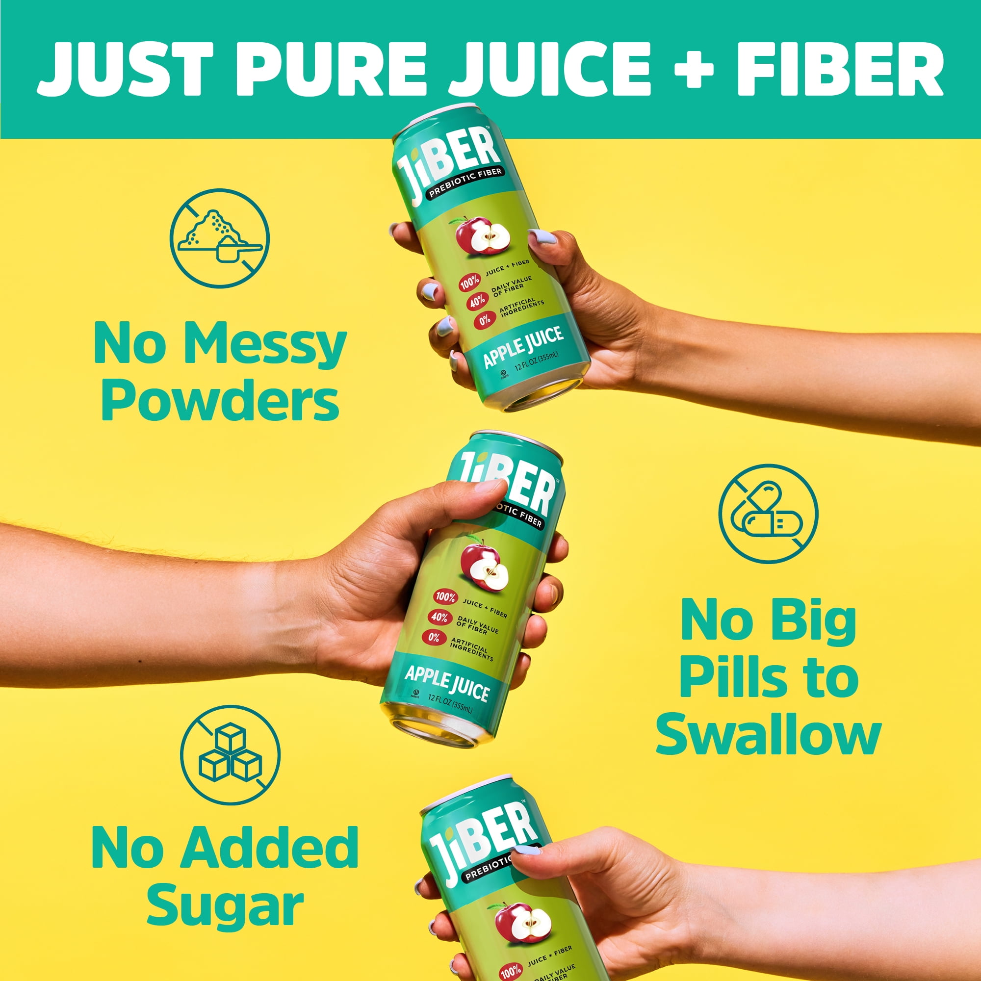 JIBER High Fiber Apple Juice Drink - No Sugar Added - 12 fl oz Apple Juice Cans with 40% Daily Fiber Supplement - Prebiotic Drink- Healthy Drinks for Kids - Juice for Teens, Adults & Seniors -12 pack