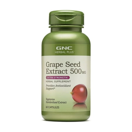 GNC Herbal Plus Grape Seed Extract 500mg Supplement, Extra Strength, Vegetarian, Provides Antioxidant Support, 60 Capsules, 60 Servings