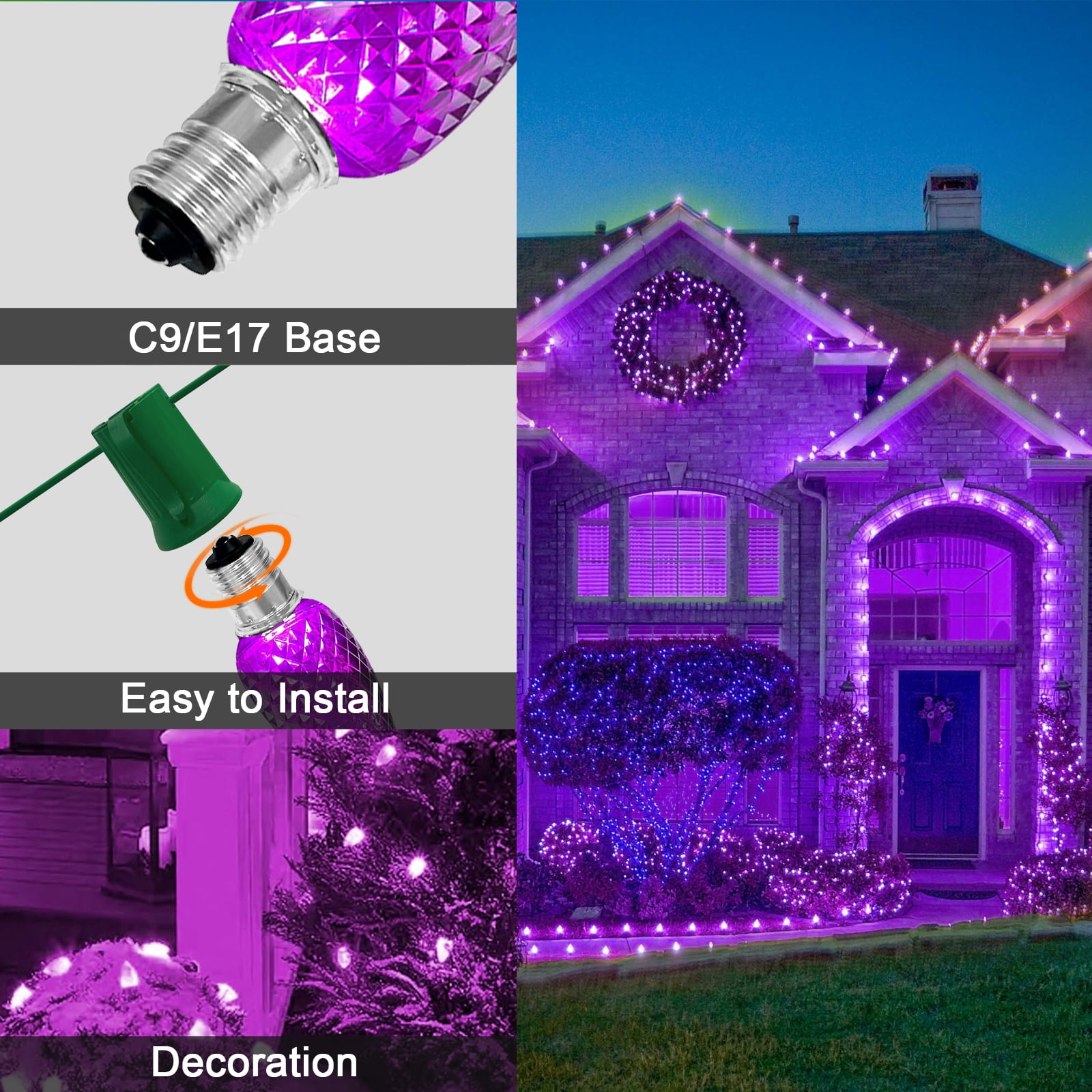 LAMPHOME Purple C9 Christmas String Light Outdoor, 25FT Shatterproof LED for House Rooflines & Pathways, Connectable Waterproof Vintage Christmas Light for Tree, Yard, Patio, Porch, Garden