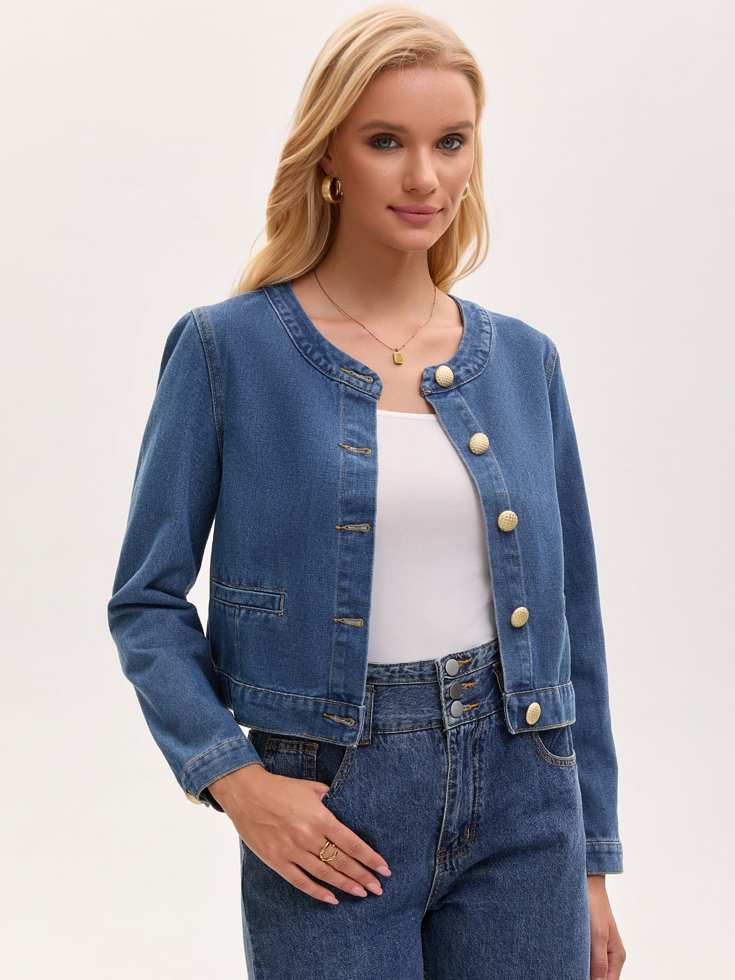 DARING DIVA Women's Collarless Long Sleeve Button Down Jean Jacket M Blue