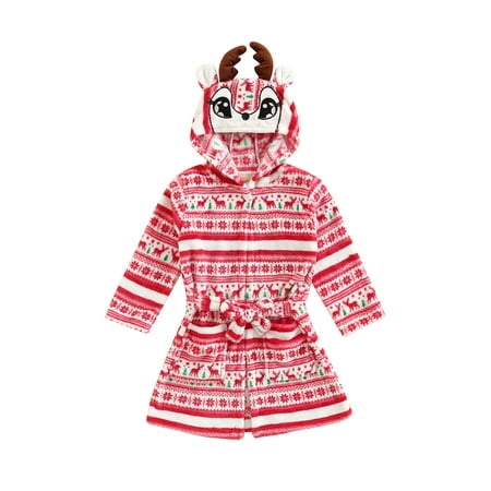 

Douhoow Children Girl Christmas Bathrobe Coral Fleece Soft Hooded Robe Pajamas 3-12 Years