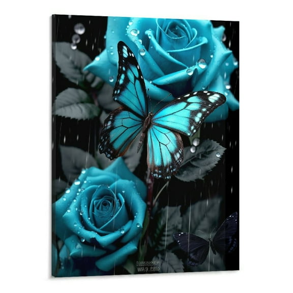 Creowell Teal Rose Turquoise Blue Flower Contemporary Black and White Pictures for Butterfly Poster Painting Canvas Wall Art Living Room Bedroom Decor Modern Oil Painting (16x20 Inch)
