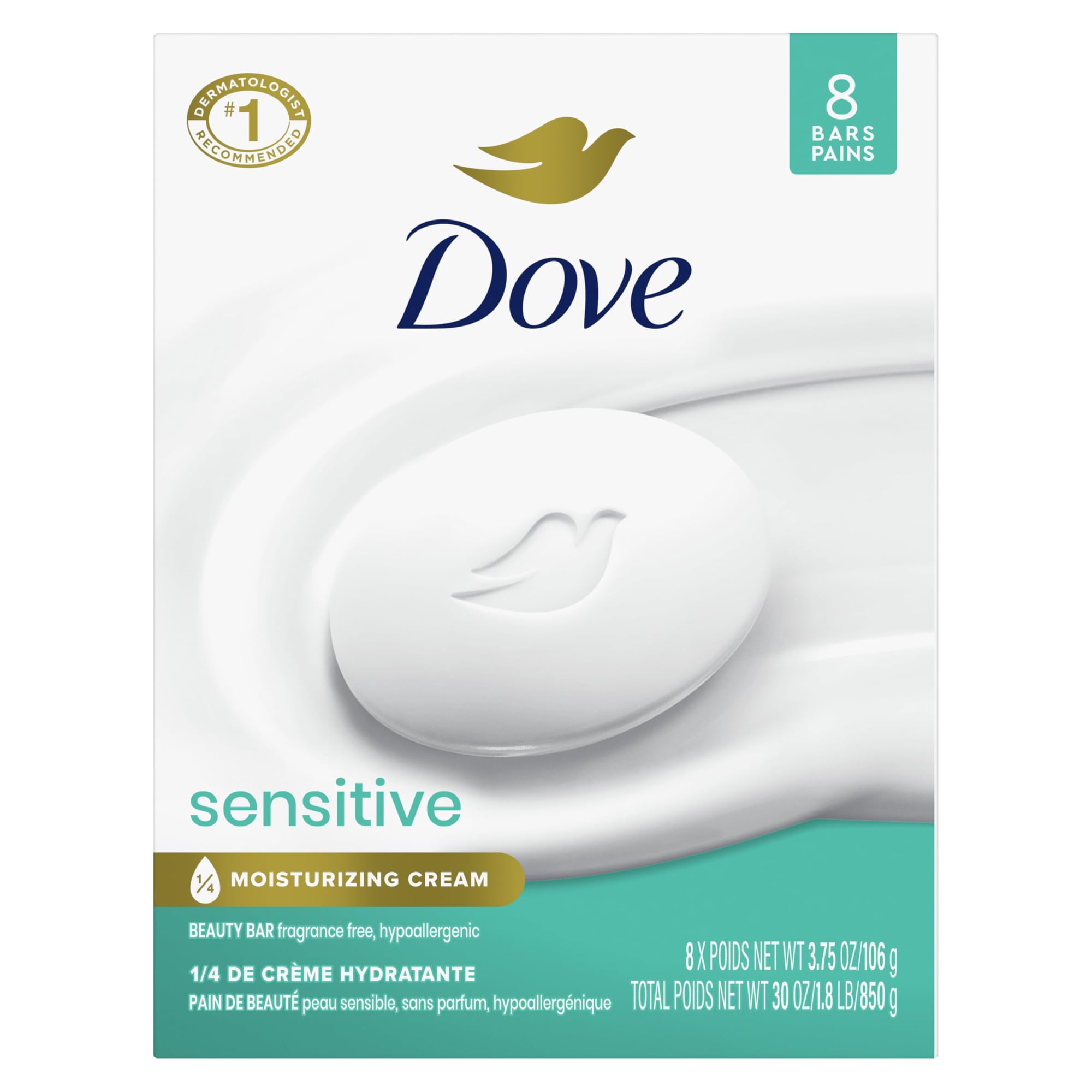 Dove Beauty Bar Soap IRF13 Sensitive, 8 Bars for Sensitive Skin, Fragrance Free and Hypoallergenic 3.75 oz