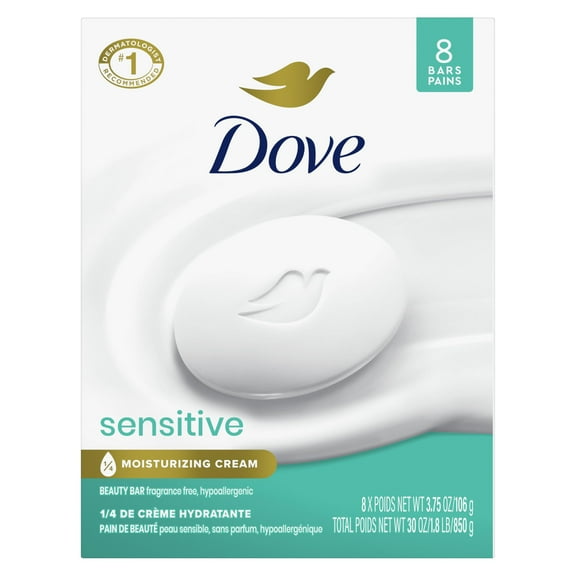 Dove Beauty Bar Soap IRF13 Sensitive, 8 Bars for Sensitive Skin, Fragrance Free and Hypoallergenic 3.75 oz