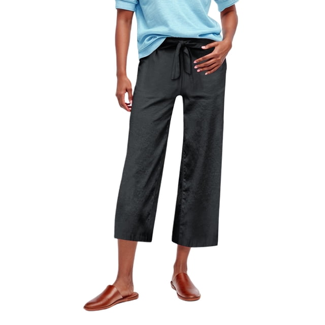 Women's Linen High Waisted Drawstring Culotte Pants Summer Elastic Waist Wide Leg Cropped Capri Pants With Pockets
