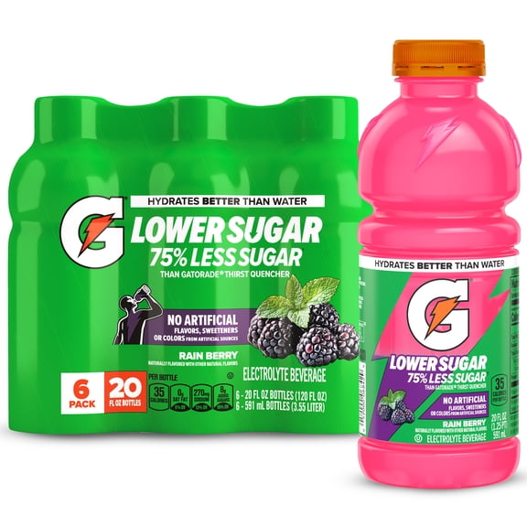 Gatorade Lower Sugar, No Artificials Rain Berry Flavored Electrolyte Sports Drink, 20 fl oz Bottle, (6 Pack), 75% Less Sugar, Hydration