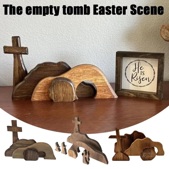 Empty Tomb Easter Scene and Cross Decoration, Wooden Easter Resurrection Scene Cross Jesus Tomb Tray Set, Jesus Nativity Scene Decor for Religious Home Office Tabletop Christian Gifts