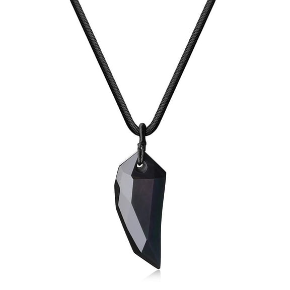 COAI Adjustable Cord Faceted Black Obsidian Stone Wolf Tooth Amulet Pendant Necklace