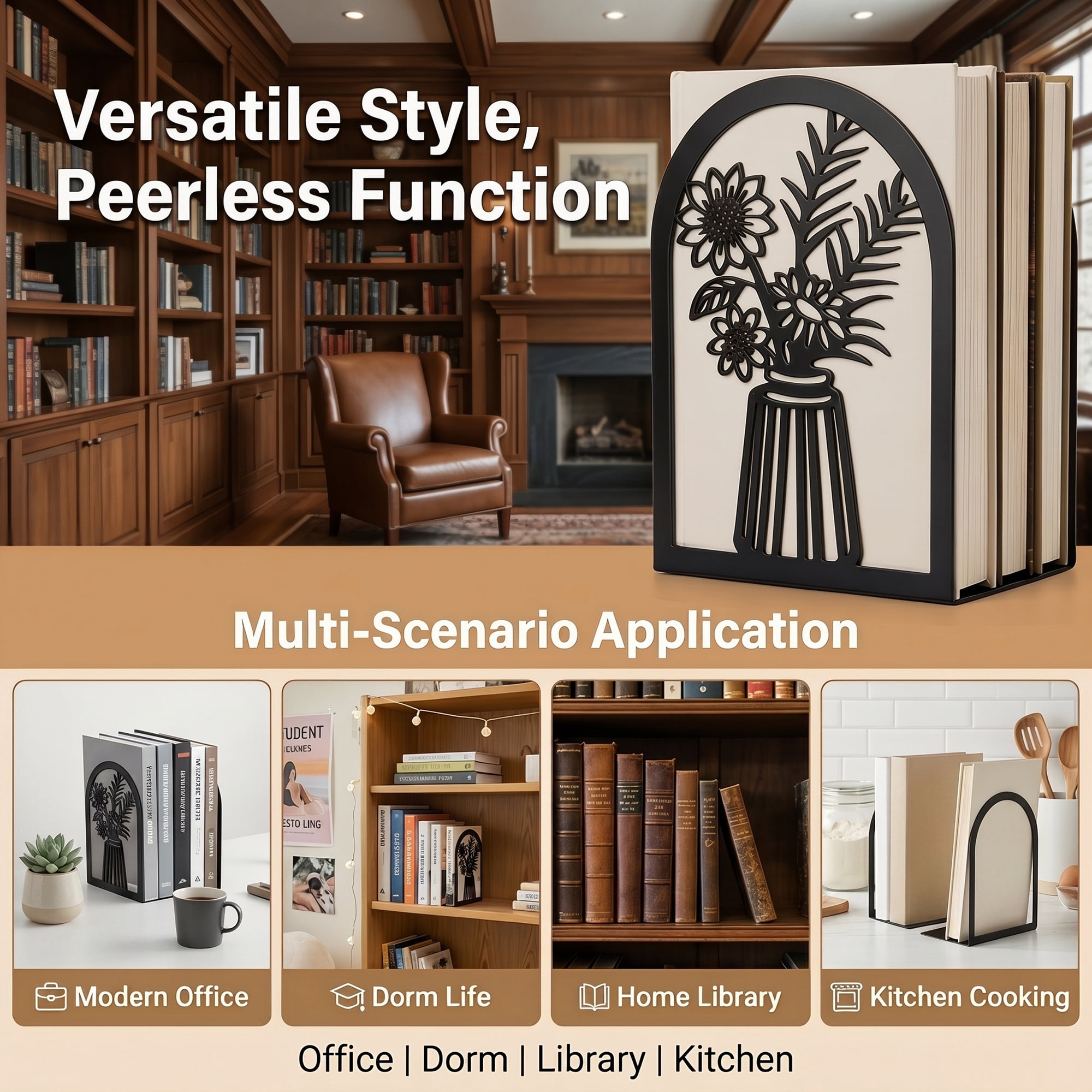 Unique Bargains Floral Metal Flower Design Bookends for Shelves Black Style C 4.7"x3.5"x7"