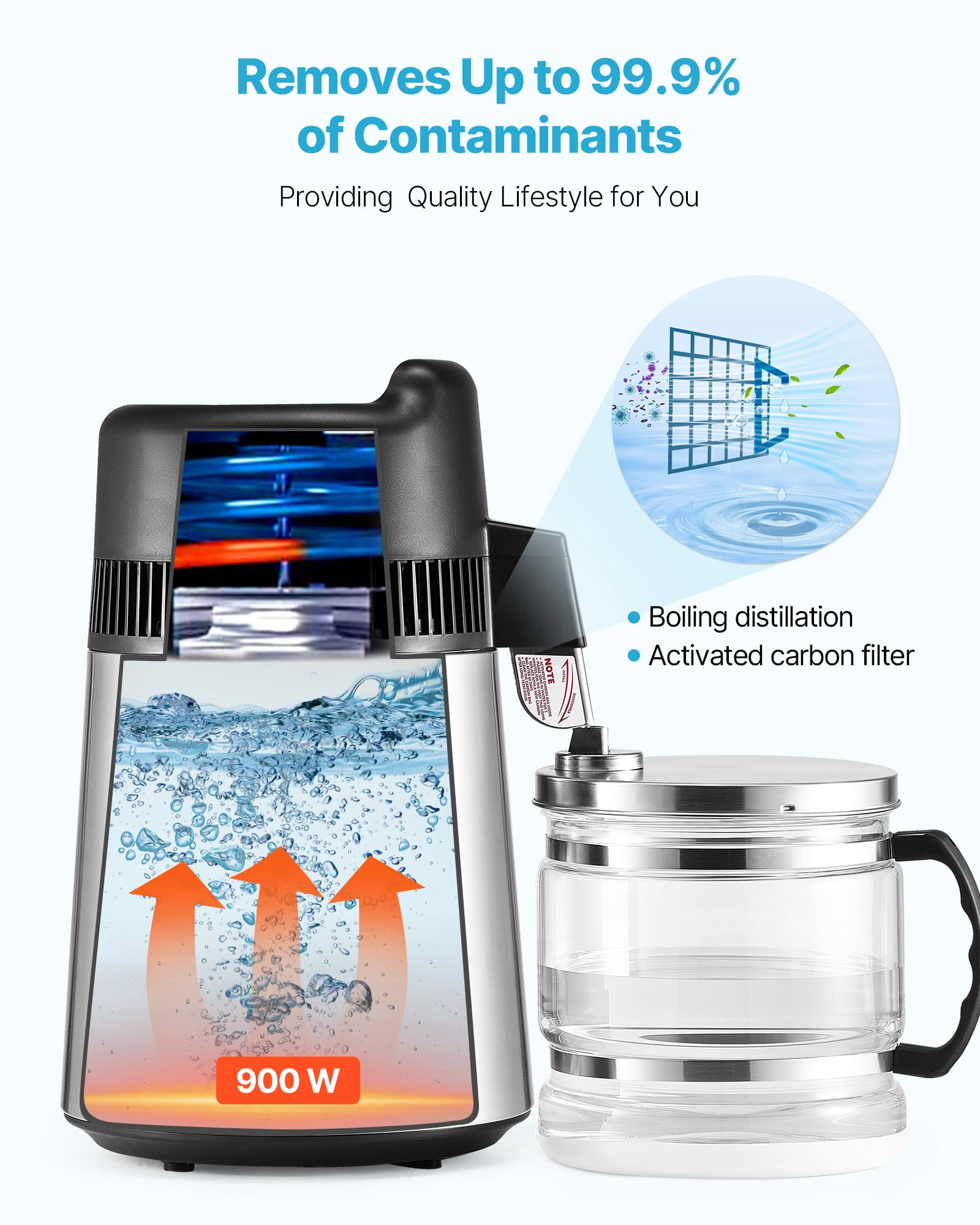 VEVOR Water Distiller, 6L 1.6 Gallon Larger Pure Water Purifier Filter For Home Table Countertop, 900W Glass Pot Distilled Maker,Stainless Steel Interior Drinking Machine to Make Clean Waters,Silver