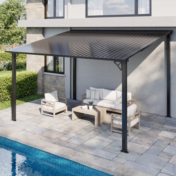 NETAJE 10'x12' Outdoor Metal Gazebo, Hardtop Wall Mounted Gazebo & Pergola with Metal Sloping Roof, for Backyard, Deck, Patio