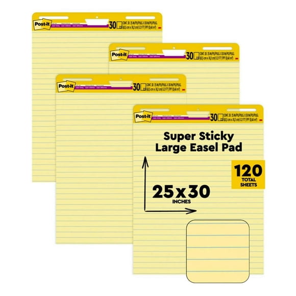 Post-it Super Sticky Easel Pad, 25 x 30 Inches, 30 Sheets/Pad, 4 Pads (561VAD4PK), Yellow Lined Premium Self Stick Flip Chart Paper, Super Sticking P