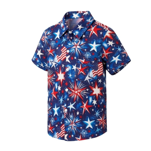 Angala Toddler Boys Tops Summer Short Sleeve Shirts Button Down Crew Neck Star Print Independence Day Patriotic Casual Lightweight Child Tops Size 2-3 Years Blue