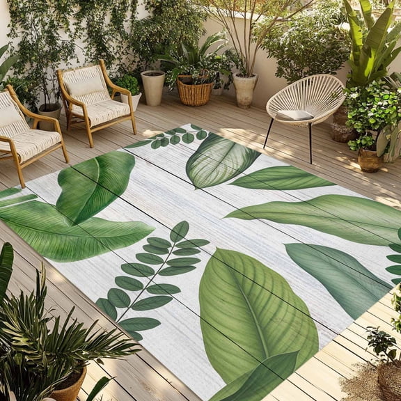 Green Leaves Outdoor Rug for Patio/Deck/Porch, Non-Slip Large Area Rug 5 x 7 Ft, Tropical Summer Botanical Watercolor Elegant Wooden Indoor Outdoor Rugs Washable Area Rugs, Camping Rug Carpet Runner