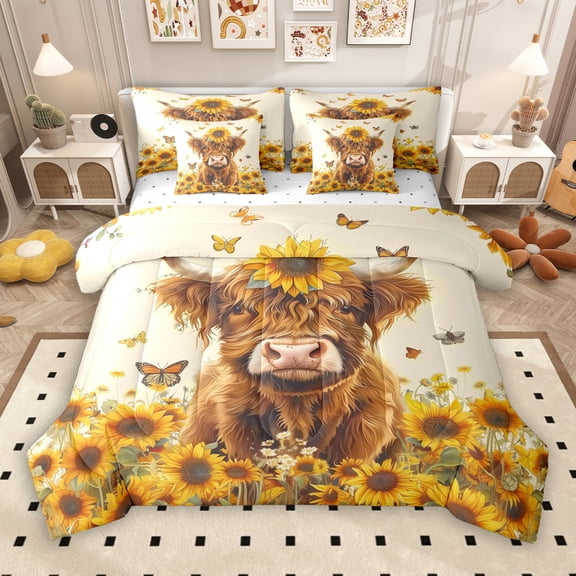 Manfei Highland Cattle 7-Piece Twin Bedding Sets, Vibrant Orange Sunflower Bedding Comforter Set, Rustic Farmhouse Animal Reversible Sheet Sets, Microfiber Bedroom Decor