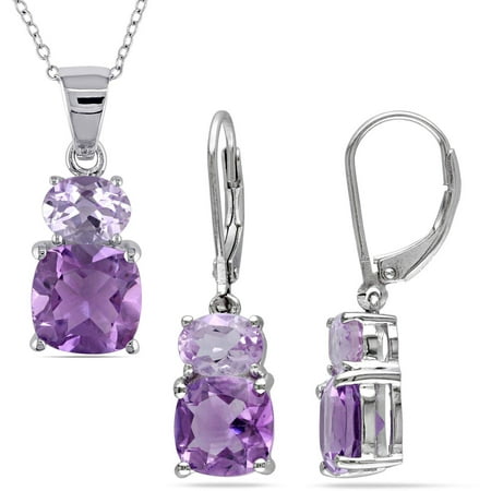 Tangelo 9-3/8 Carat T.G.W. Amethyst and Pink Amethyst with Rose de France Sterling Silver Two-Stone Pendant and Dangle Earrings Set, 18