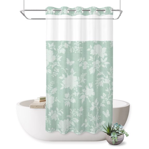 No Hook Shower Curtain, Spring Flowers Shower Curtains for Bathroom with See Through Top Window, Rustic Farmhouse Floral Botanical Mint Green Waterproof & Washable Bath Curtain Small Stall 36"x78"