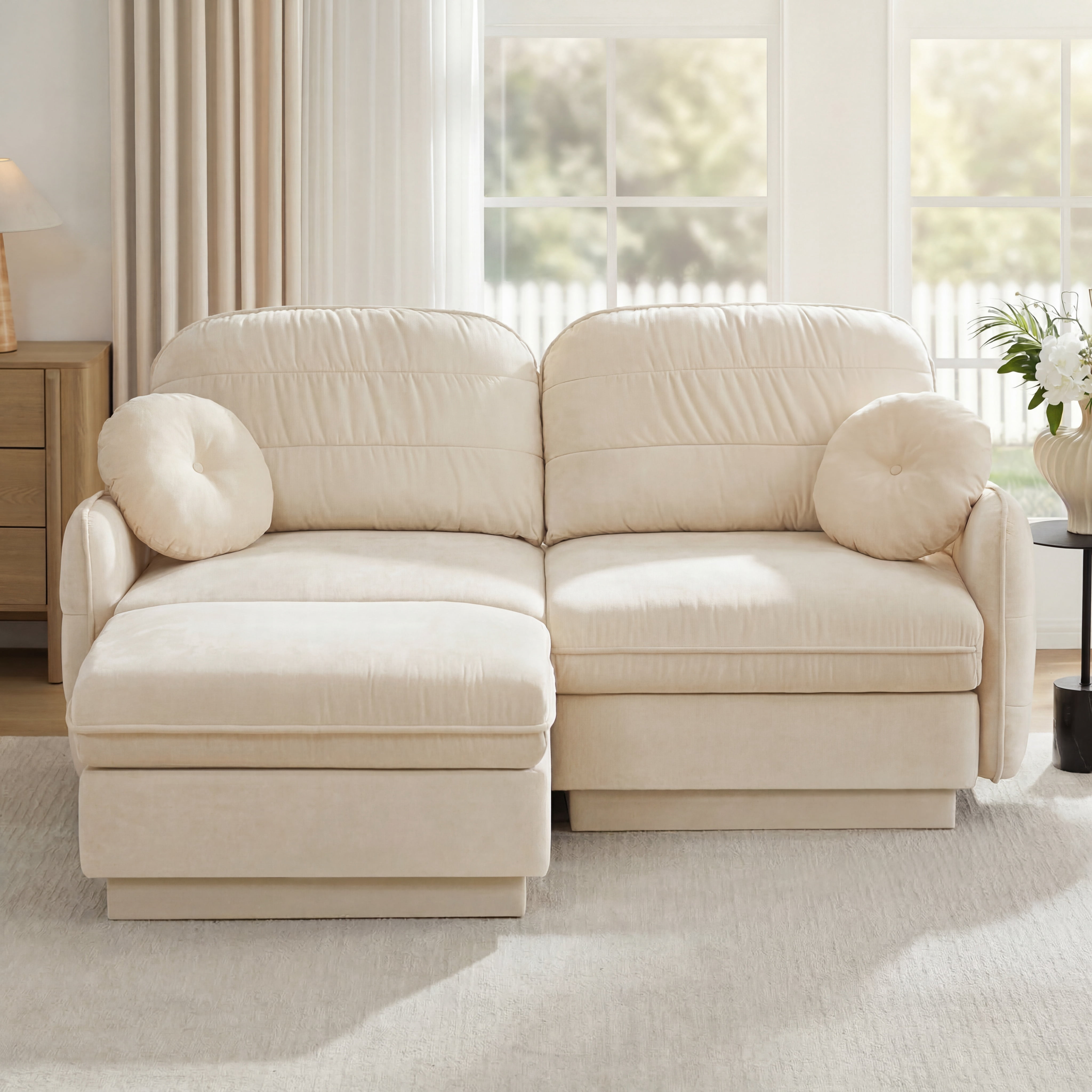 Mintazer Chenille Cloud Loveseat Sofa with Movable Ottoman and Round Pillows, L-Shaped Ergonomic Sofa Couch for Living Room, Bedroom, Cream