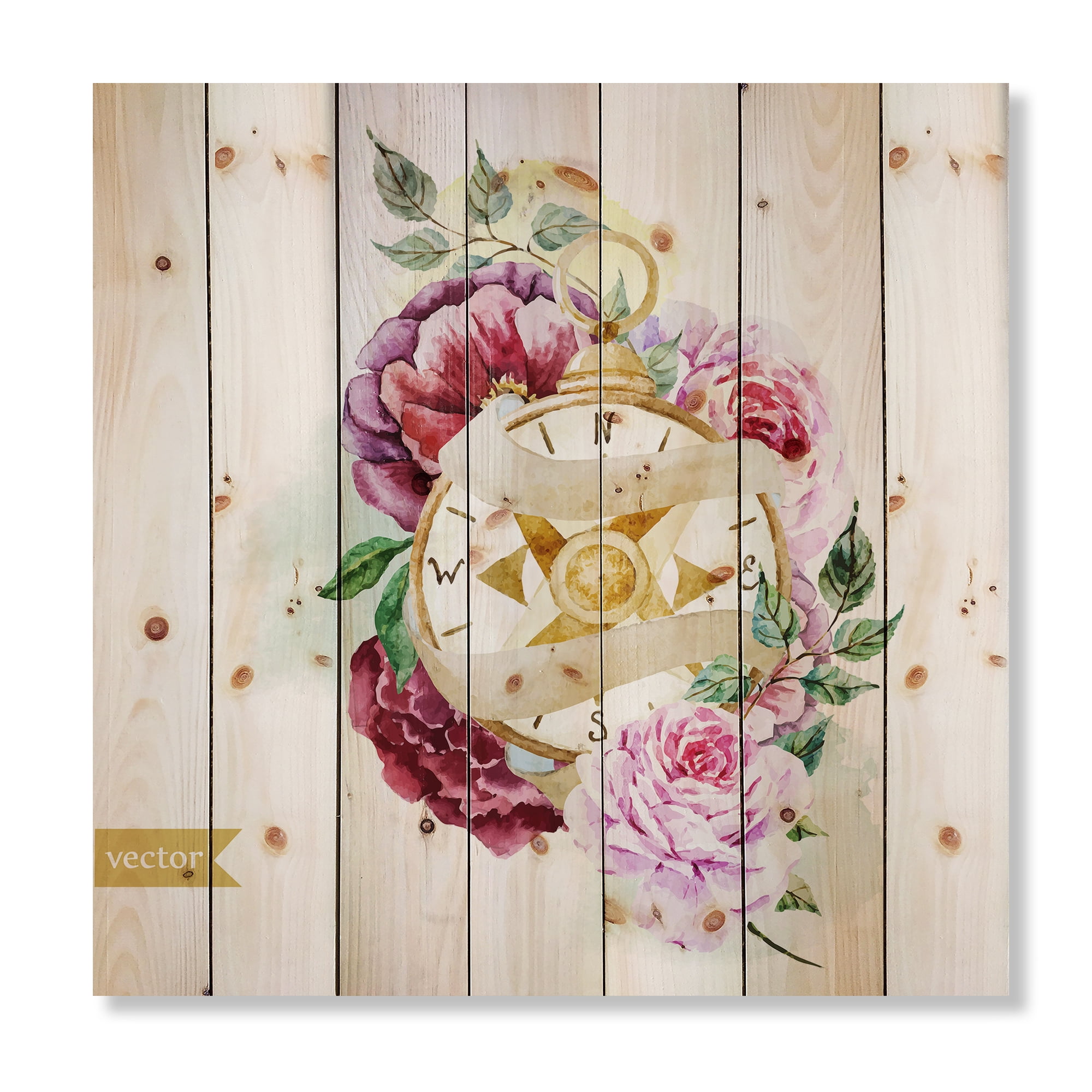 Designart 'Compass Among Flowers' Traditional Print on Natural Pine Wood