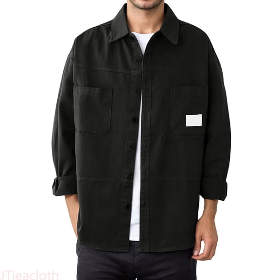 JTieacloth Heavy Duty Work Shirt For Long Sleeve Casual Loose Fit Shacket Open Front Jacket Top Comfortable Outdoor Daily Wear Mens Work Button Down Shirts Black
