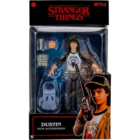 Stranger Things Dustin Upside Down Collector Figure - 6 inch Highly Detailed Figure with Soft Good Clothing and Unique Accessories