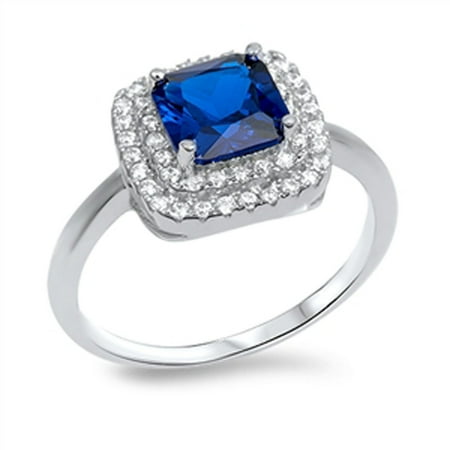 Blue Simulated Sapphire Halo Cluster Wedding Ring ( Sizes 5 6 7 8 9 10 ) .925 Sterling Silver Band Rings by Sac Silver (Size 5)