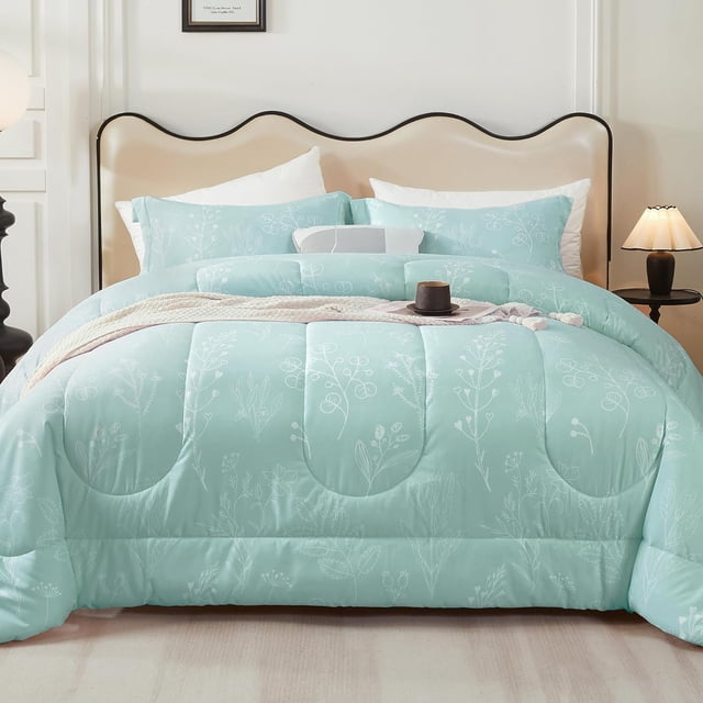 Green Queen Size Comforter Set, Soft Microfiber Vintage Bedding