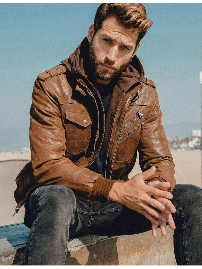 Mens Genuine Leather Jacket, Large, Brown with Removable Hood and
