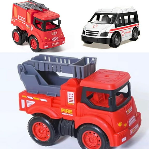 Set of 3 Emergency Rescue Vehicles Toy Fire Truck & Ambulance Car for Kids