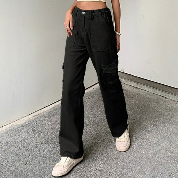 Pantalones Pantalones casuales holgados para mujer, pantalones holgados de algodón de cintura alta, traje diario con botones Kuymtek Negro T XL para Mujer