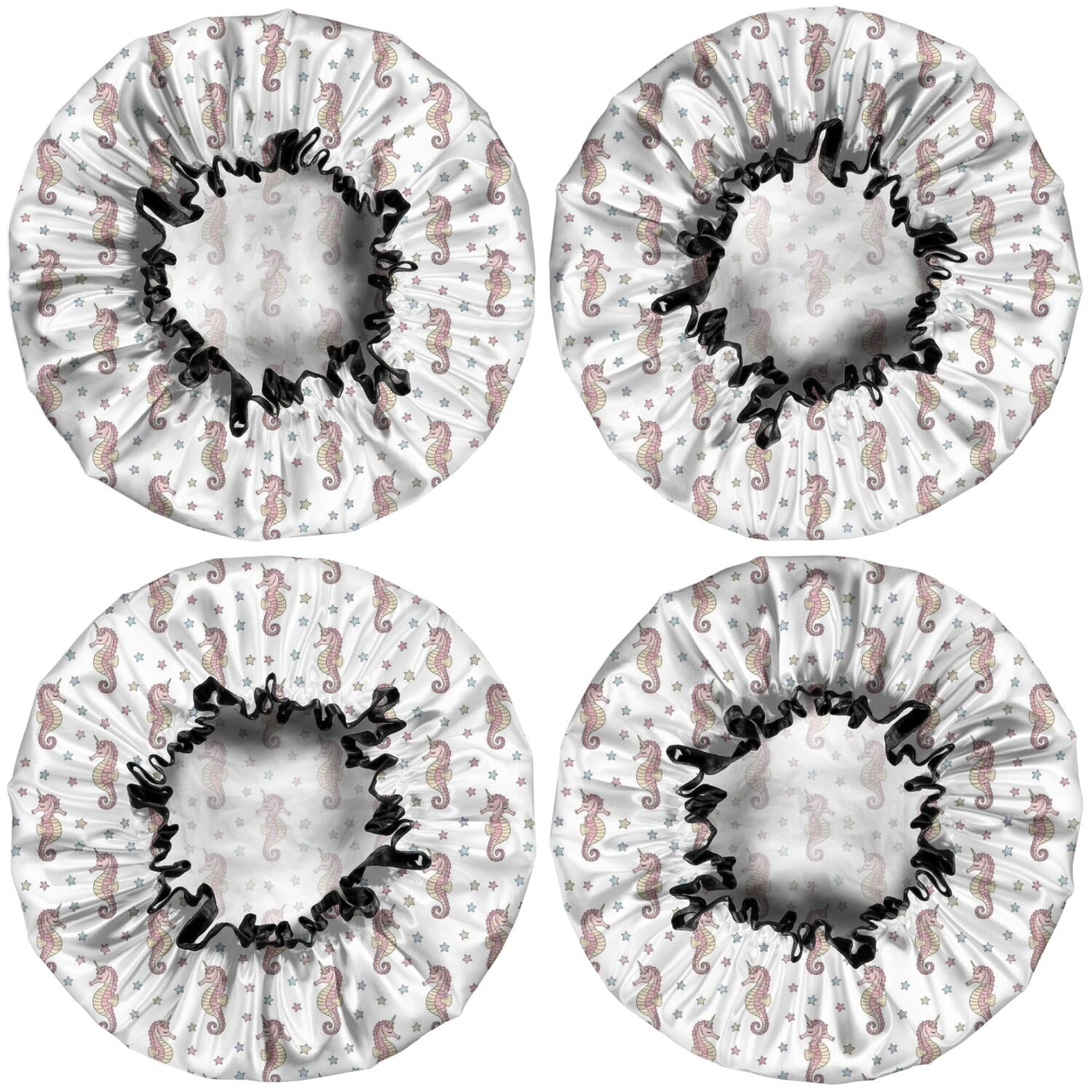 Shower Caps,White Cartoon Seahorse Star Pattern Waterproof Shower Cap for Women 4 Pieces,Double Reusable Hair Cover for Shower PEVA Elastic Stretch Hem