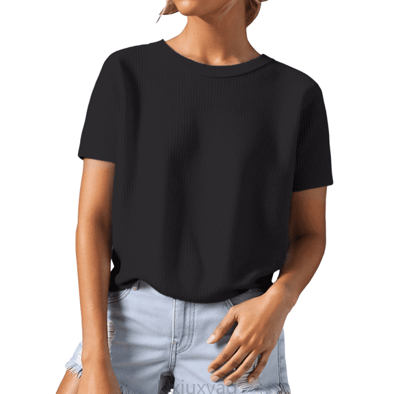 Lixiuxyad Women Basic Tee Knit Short Sleeve Crewneck T Shirt Top Casual Yarn Textured Tee Shirt For Everyday Comfortable Wear,Black