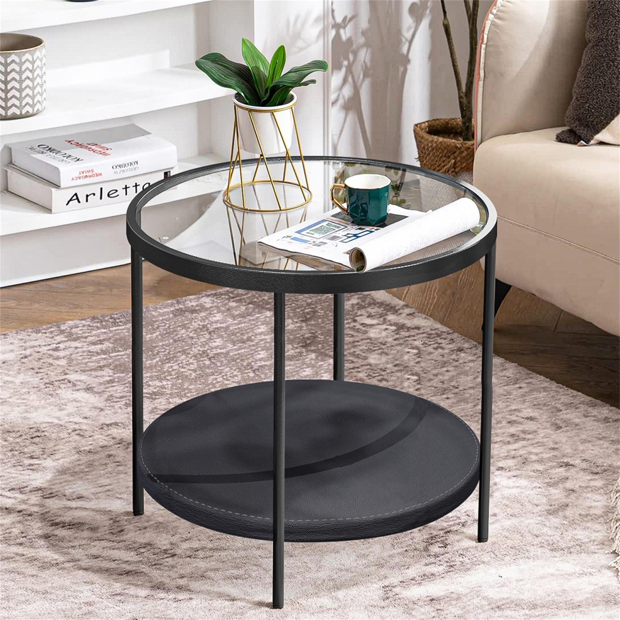 Yardi Yard Modern Clear Glass Top End Table with Black Metal Frame, Living Room Round Side Table Yardi Yard Modern Clear Glass Top End Table with Black Metal Frame, Living Room Round Side Table