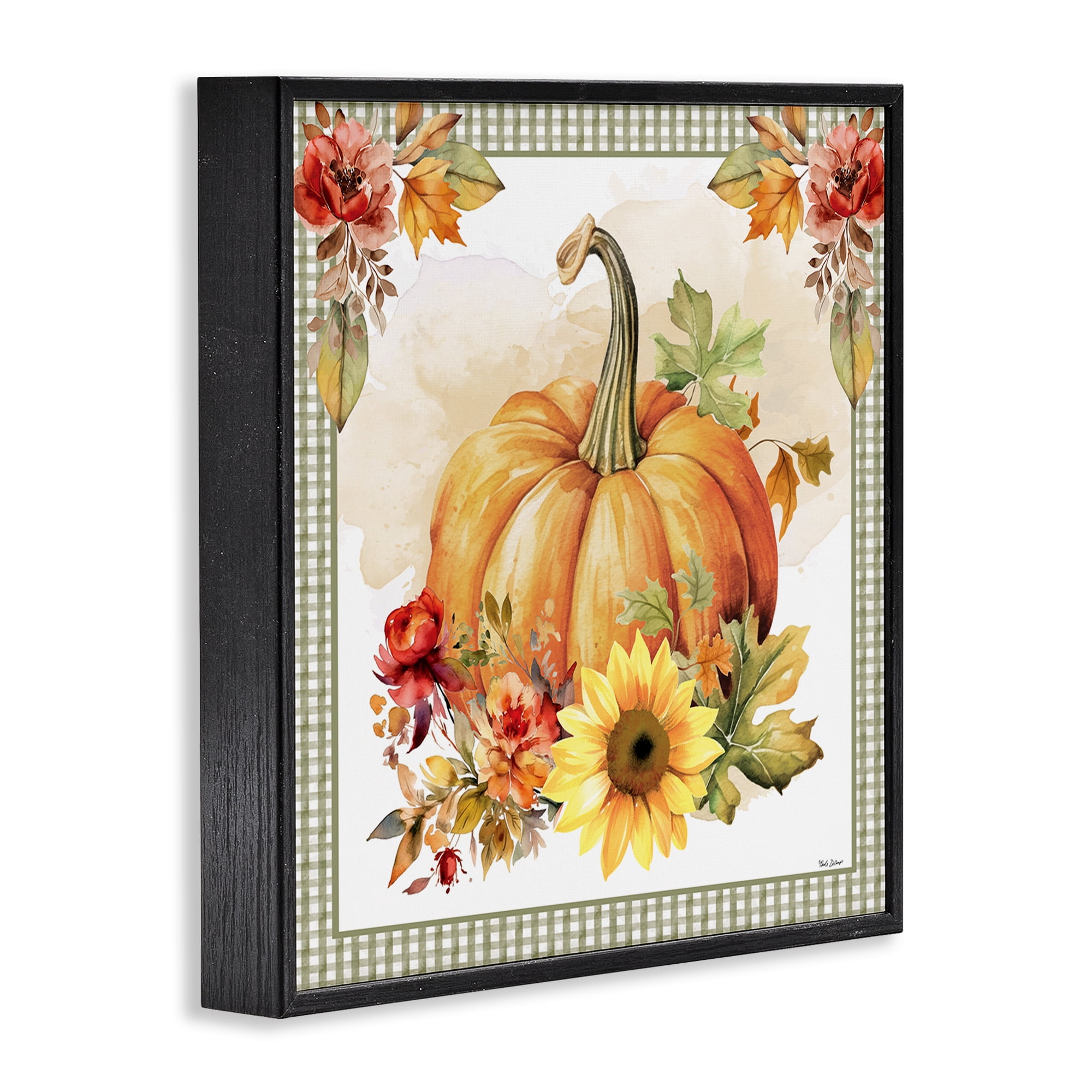 Stupell Industries Gingham Bordered Pumpkin Botanical & Floral Painting Black Framed Art Prints Wall Art, 17 x 17