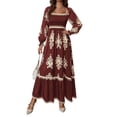 thumbnail image 2 of Women's Fall Wedding Guest Dresses Boho Floral Long Sleeve V Neck Flowy Elegant Maxi Dress Beach Clothes Wine Red M, 2 of 9