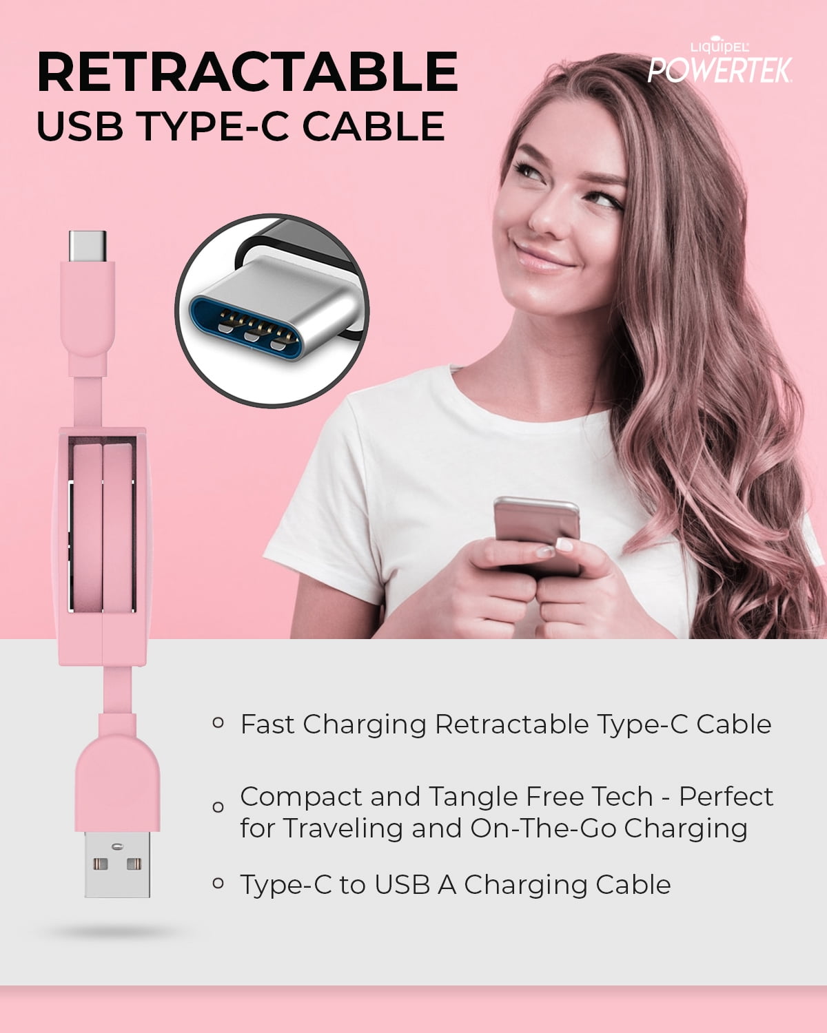 Retractable Type C Cable - Pink
