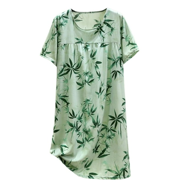 GPOECD Robe de Nuit d'Été pour Femmes à Manches Courtes, Col Rond, Mince, Grande Taille, Ample, Imprimée, Pyjama pour Femmes, Douce en Viscose, Tenue d'Intérieur 19_Green, Taille Unique