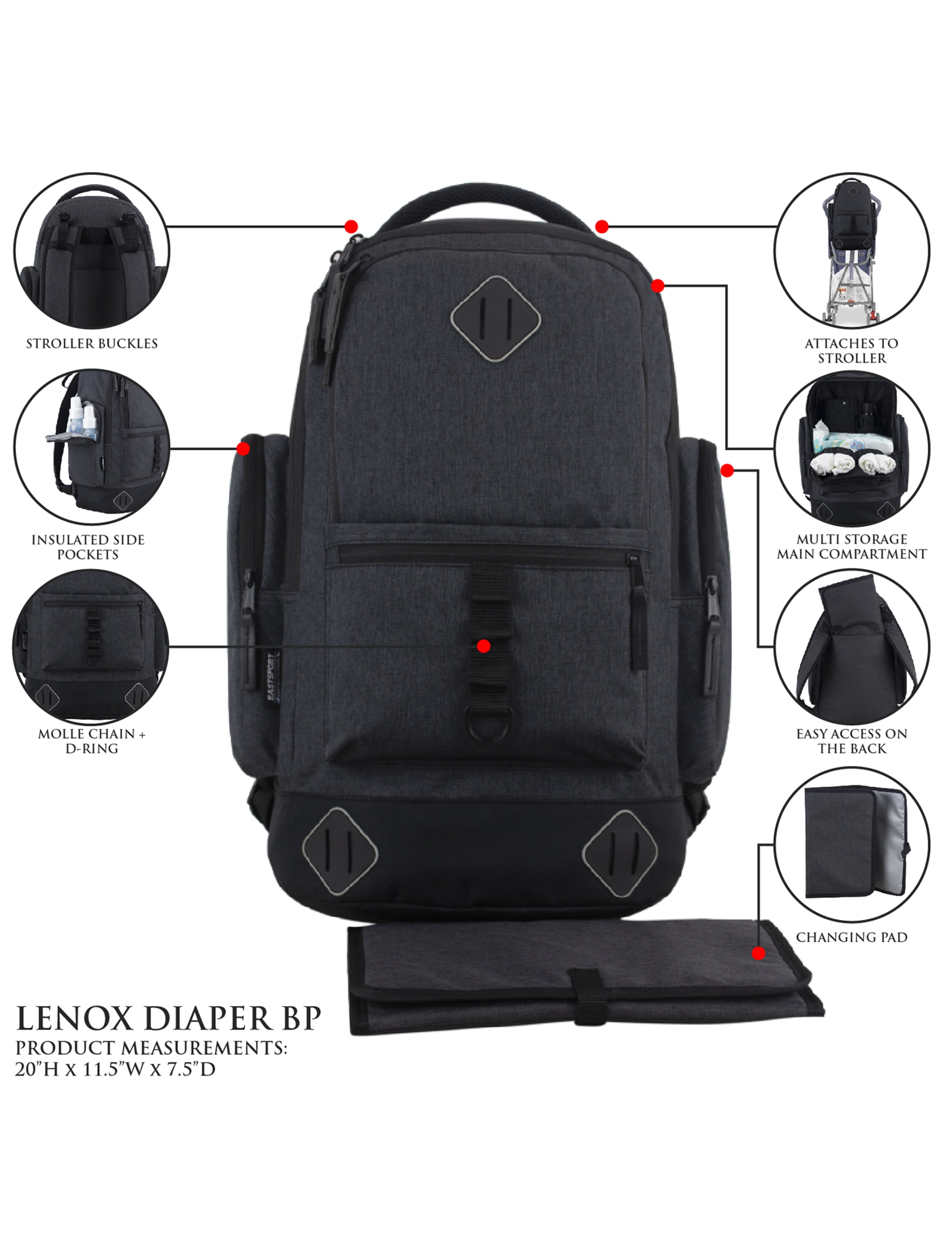 Eastsport Lenox Diaper Backpack Bag with Changing Pad, Grey