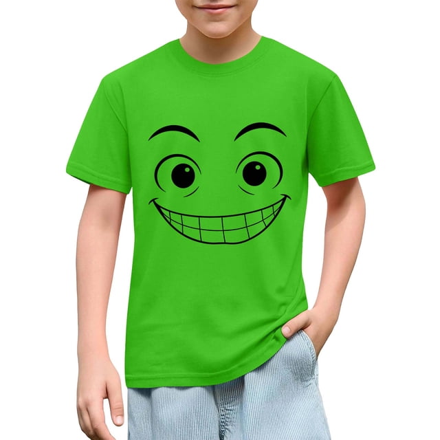 Blusas y camisas de manga corta con cuello redondo para niños y niñas, color liso, con estampado de expresión linda, manga corta, holgadas y cómodas, blusa para niña