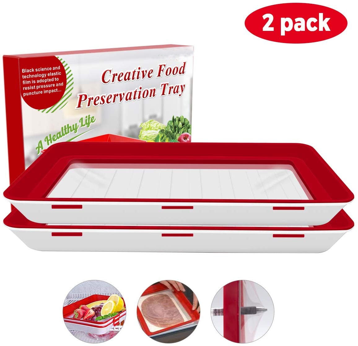 Happyline Food Preservation Tray, Stackable BPA Free Plastic Food Storage  Container with Elastic Reusable Locking Lid for Refrigerator and Freezer  Flat Food ONLY (Red, Square, 2 Pack) 
