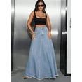 thumbnail image 4 of Women's Retro Distressed High Waist Frayed Hem A Line Wash Maxi Long Denim Skirt with Pockets, 4 of 10
