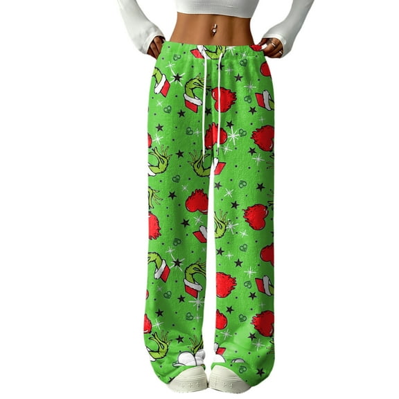 Women's Casual And Fashionable Greentown Printed Elastic Waist, Loose Straight Leg With Plush Pants With Rope