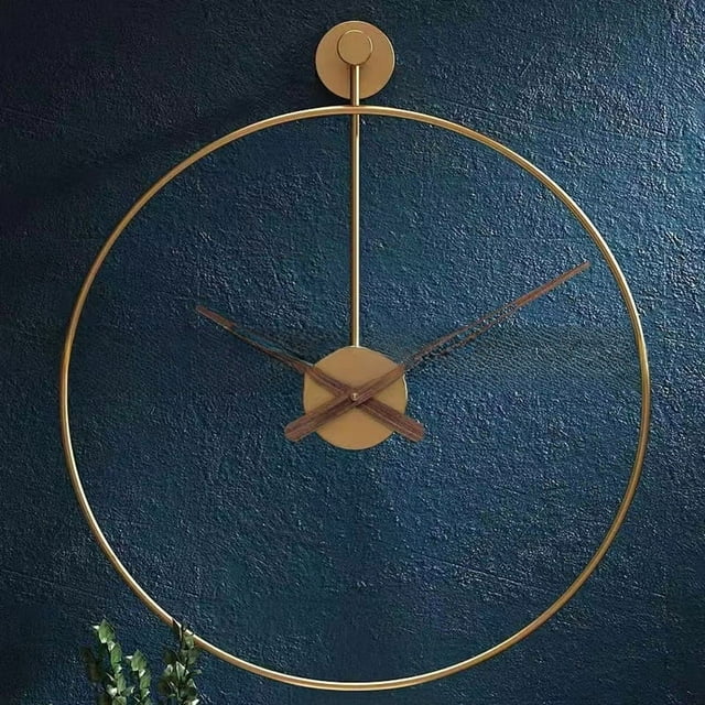 Spanish Minimalist Iron Art Hanging Clock - Single Round Creative Design with Golden Frame, Walnut Wood Pointers, Quartz Movement, 60cm Diameter for Living Room, Decor (Model 603338)