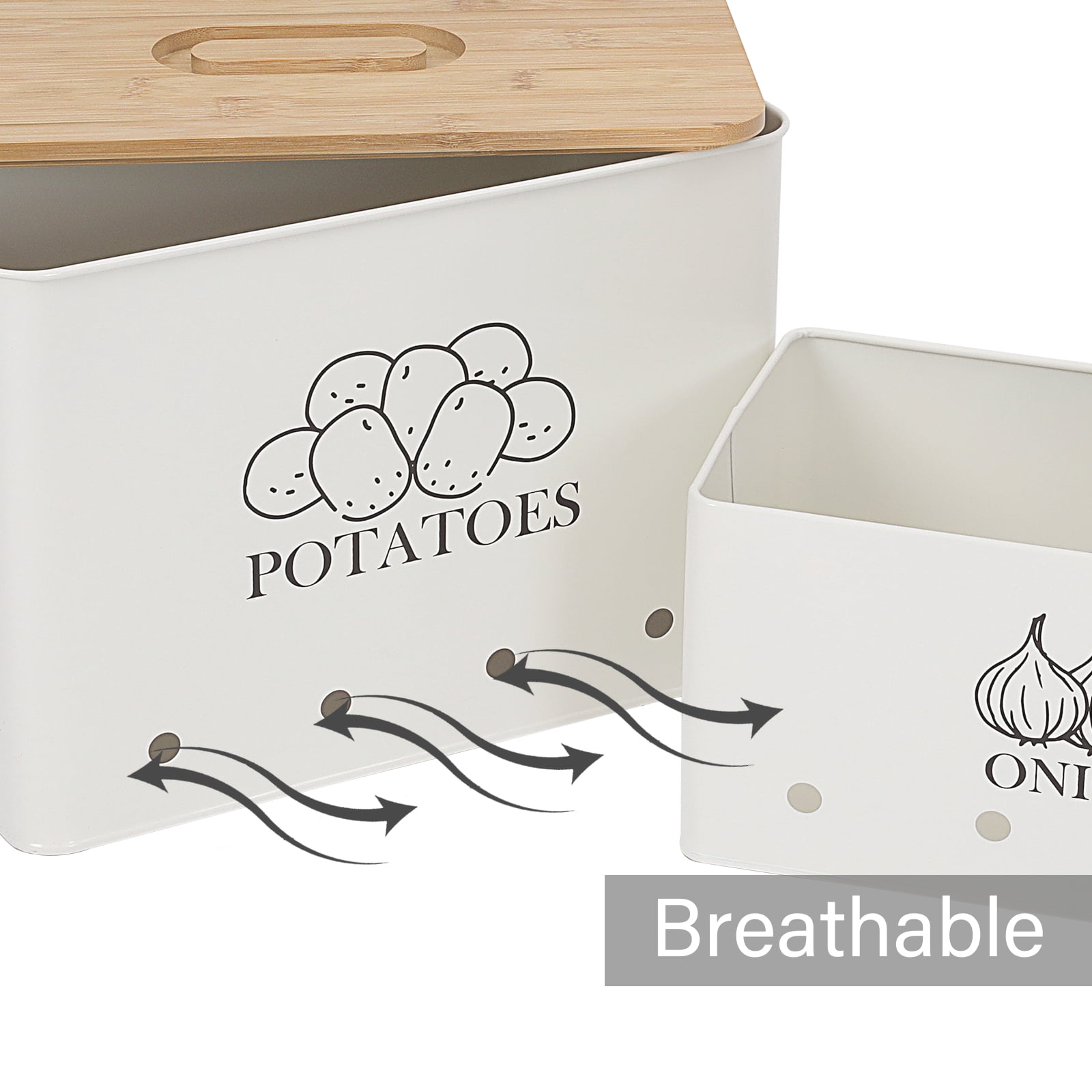 Pethiy Potato Onion Storage Canisters,Storage Bin For Kitchen 2 Pack Set,Potatoe, Potato Storage Box,Storage And Long Shelf Life with Aerating Tin Storage Holes,White