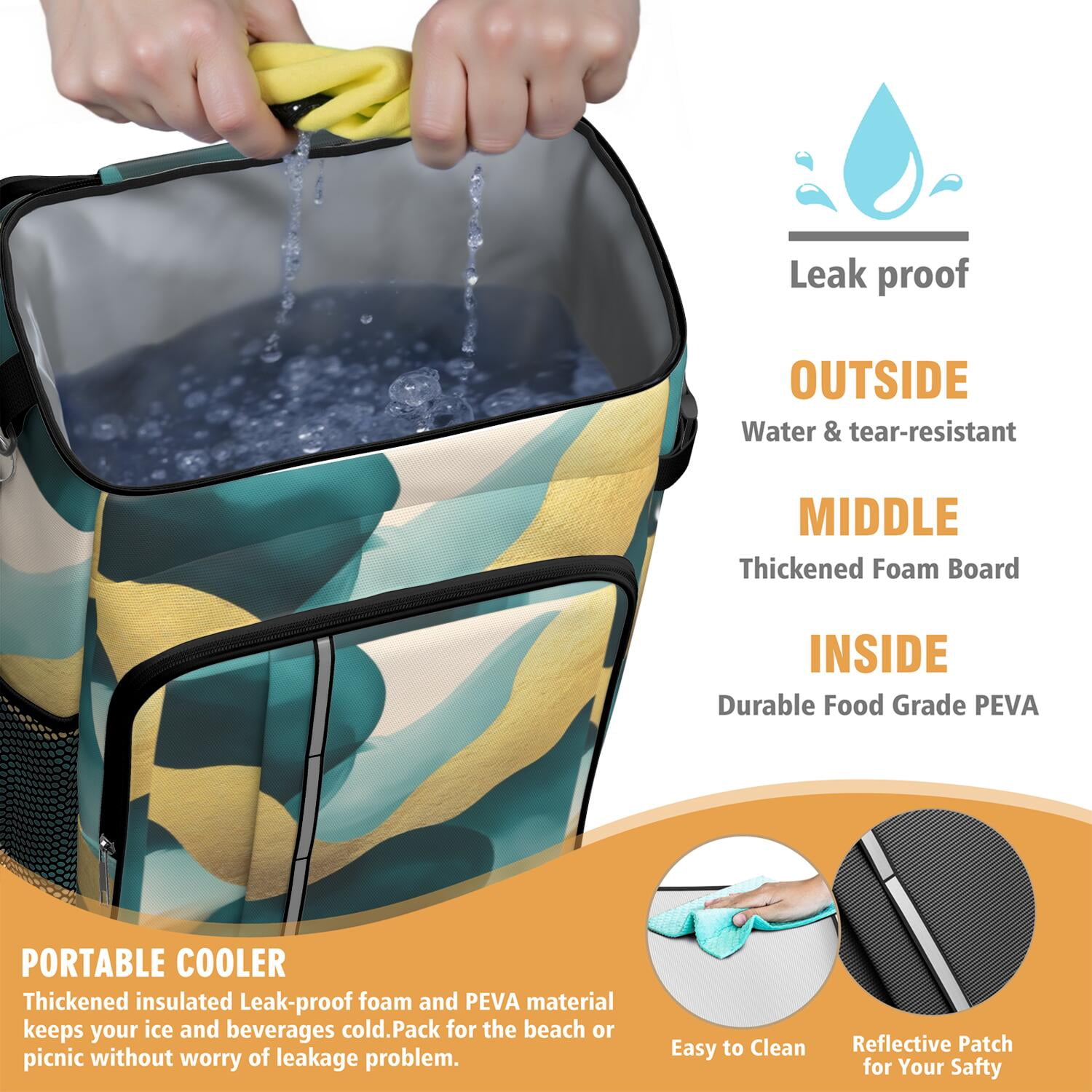 Travel Cooler Bag - Teal Gold Marble Camping Beer Cooler Backpack with Bottle Opener- Waterproof Insulated Picnic Backpacks - Cooler Bag for Beach