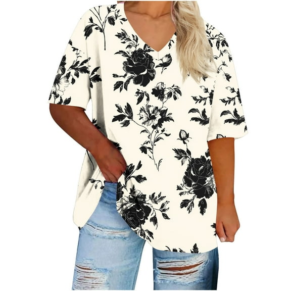 GERsome Womens Plus Size Floral T-shirts Short Sleeve V-neck Summer Tee Shirts Casual Loose Tunic Tops, Sizes XL-5XL