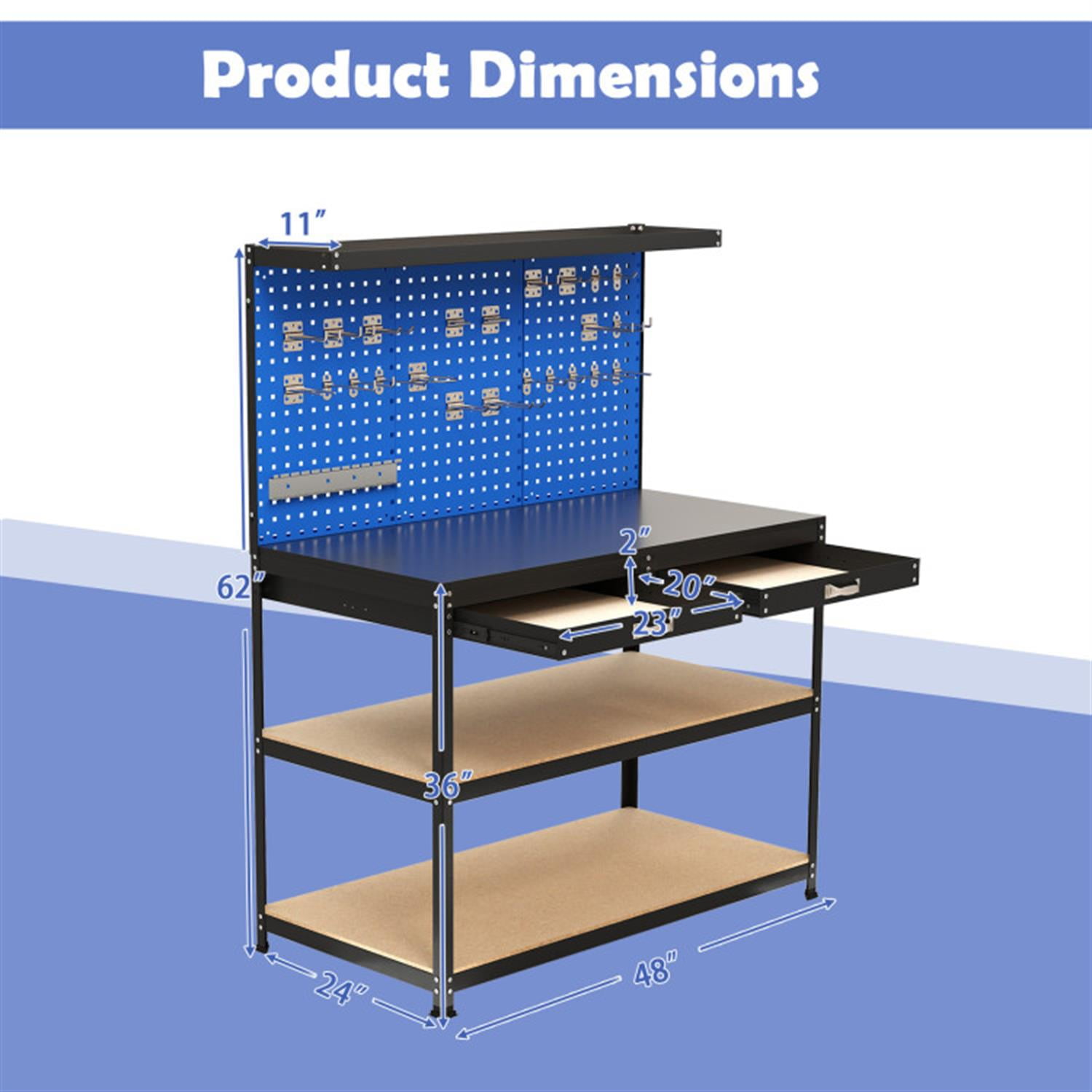 Demi Bonn 48" x 24" Workbench Work Table with 2 PCs Pegboard Drawer and Shelves, 4-Tier Heavy Duty Metal Tool Storage Bench for Garage, Workshop, Blue