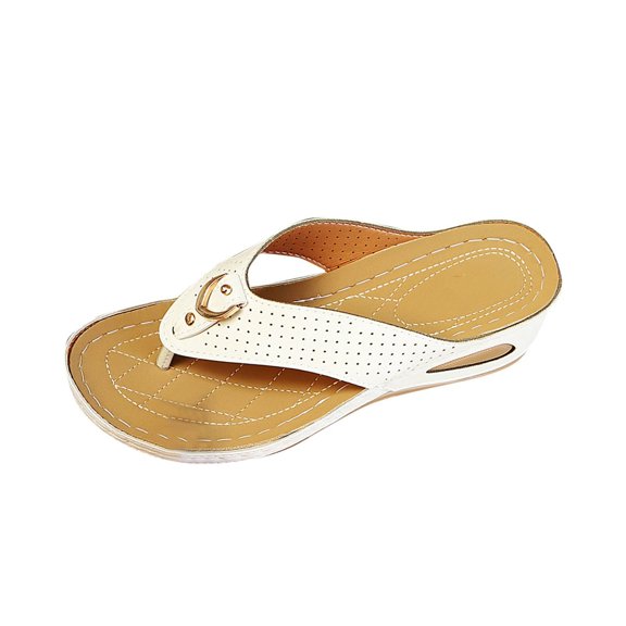 hlysgo Womens Perforated Suede Metal Buckle Decor Flip Flop Wedge Sandals Open Toe Breathable Comfort Casual Sandals White,40
